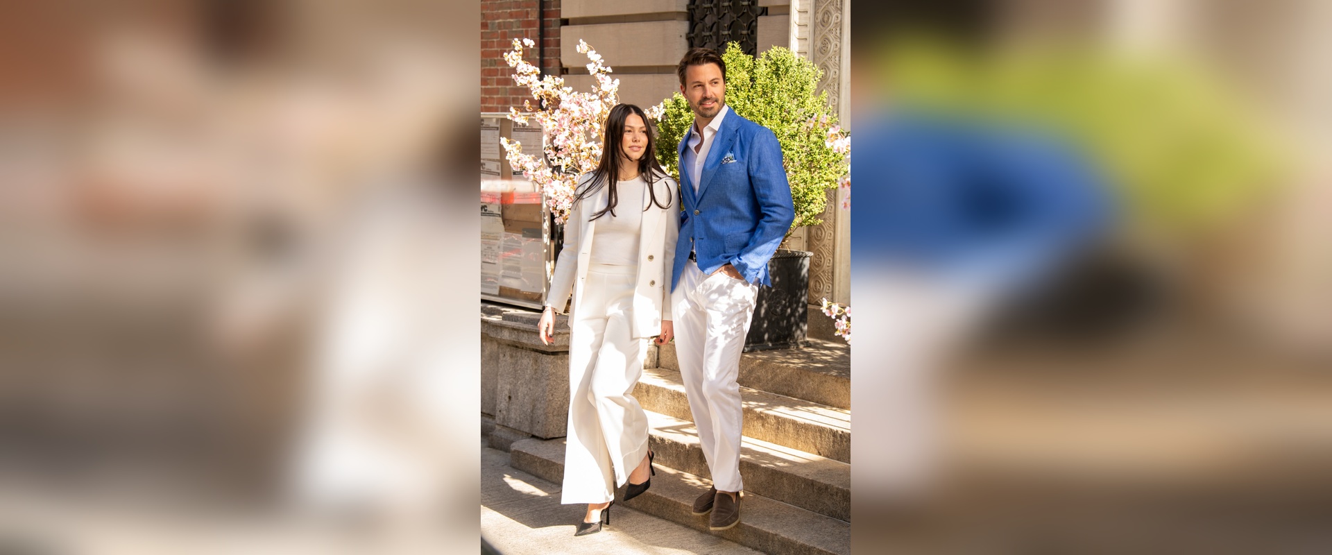 Peter Elliot Blue Spring 2026 Collection – Couple wearing linen blazer and tailored white outfit
